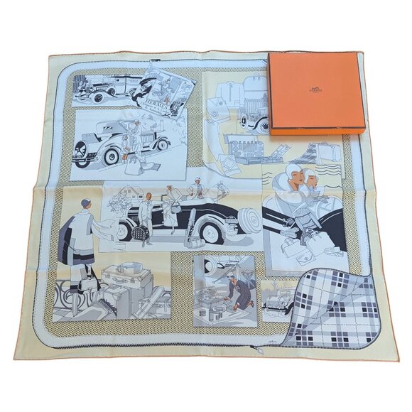 HERMES L'Elegance et le Confort en Automobile 70 cm Cream Silk Square Scarf RARE - Picture 1 of 16